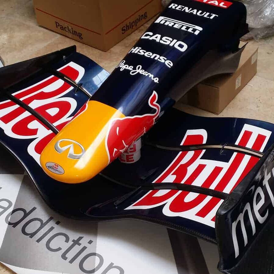 NOW SOLD(I HAVE AN RB4 NOSE AND FRONT WING)-Red Bull RB3 nosecone/full front wing from the F1 Car Parts store collection.