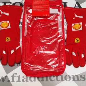 2017 Ferrari mechanics gloves signed by Vettel and Raikkonen on pouch from the Sports Car Racing Race Gloves store collection.