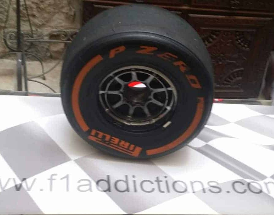 NOW SOLD-LAST 1 -Max Verstappen Red Bull front wheel with a very RED (ULTRA SOF) tyre from the Red Bull Racing store collection.