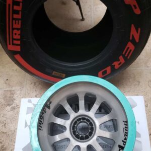 NOW SOLD-Lewis Hamilton 2014 World Championship winning rear wheel with rare red pirelli tyre from the Lewis Hamilton store collection.