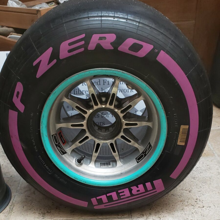 NOW SOLD-Rare Hamilton world championship winning 2018 New spec (large) Mercedes front wheel with pirelli from the Lewis Hamilton store collection.