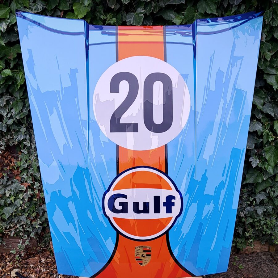 Gulf Racing Porsche 911 bonnet from the Sports Car Racing Metal Signs store collection.