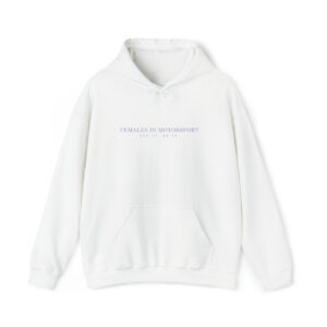 FEMALES IN MOTORSPORT WHITE HOODIE WITH PURPLE BRANDING from the Sports Car Racing Clothing store collection.