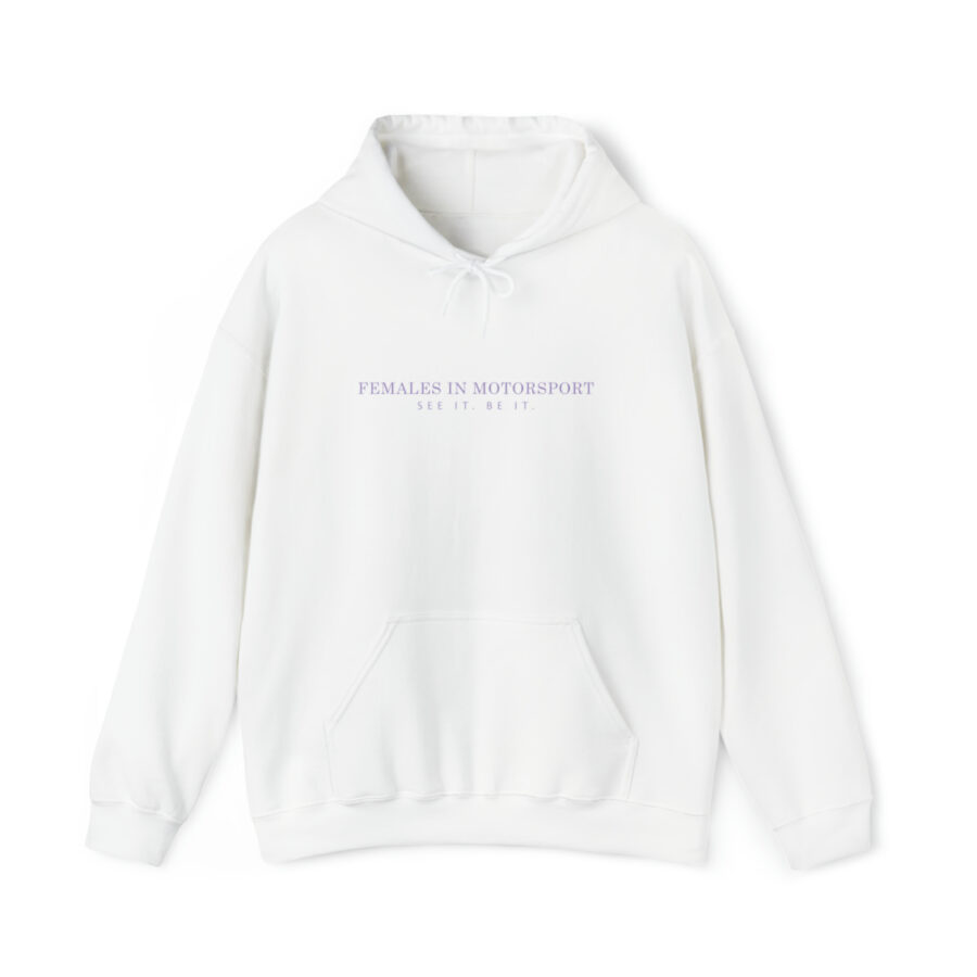 FEMALES IN MOTORSPORT WHITE HOODIE WITH PURPLE BRANDING from the Sports Car Racing Apparel store collection.