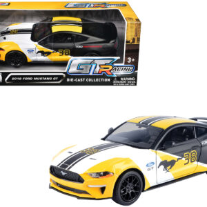 2018 Ford Mustang GT #38 White and Matt Black with Yellow Graphics "GT Racing" Series 1/24 Diecast Model Car by Motormax from the Sports Car Racing Collectibles store collection.