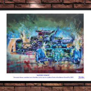 Fernando Alonso overtakes Lewis Hamilton at Bahrain 2023 Race Car Wall Art by Remo Art