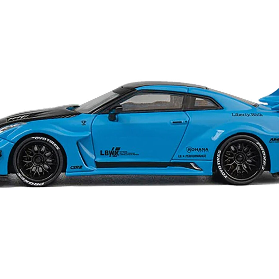 Nissan 35GT-RR "LB-Silhouette Works GT" RHD (Right Hand Drive) Blue with Carbon Hood and Black Top with Extra Wheels 1/64 Diecast Model Car by CM Models from the Sports Car Racing Collectibles store collection.