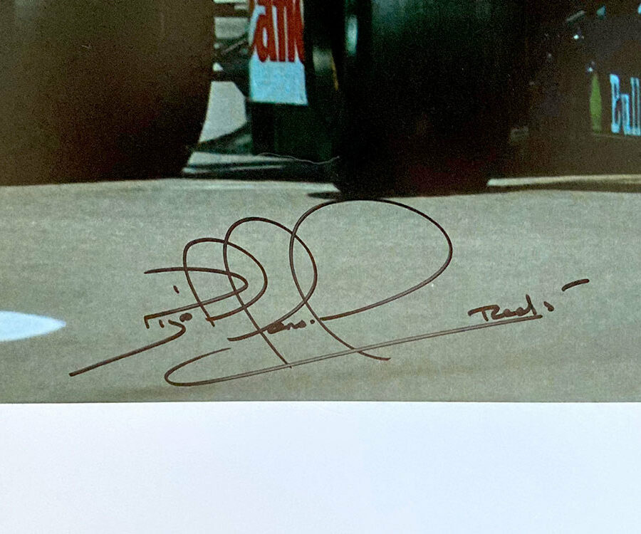 Nigel Mansell signed 'taxi for Senna' photograph, 1991 British Fromula 1 Grand Prix from the Sports Car Racing Photography store collection.