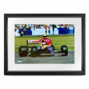 Nigel Mansell signed 'taxi for Senna' photograph, 1991 British Fromula 1 Grand Prix from the Sports Car Racing Art store collection.