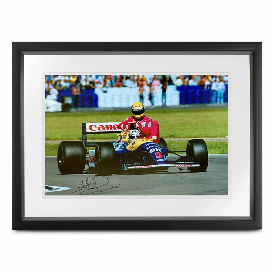 Nigel Mansell signed 'taxi for Senna' photograph, 1991 British Fromula 1 Grand Prix from the Sports Car Racing Collectibles store collection.