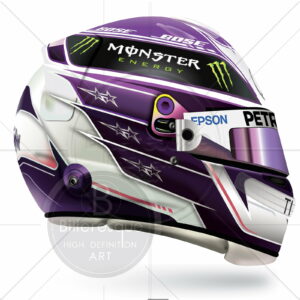 Lewis Hamilton 7th World Championship Season in 2020 racing helmet profile and his Mercedes F1 car from the F1 Helmets store collection.