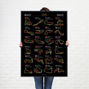 Formula 1 2023 Season Info Calendar Poster on Black from the Sports Car Racing Posters & Prints store collection.