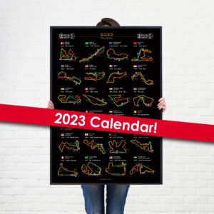 Formula 1 2023 Season Info Calendar Poster on Black from the Race Track Wall Art store collection.