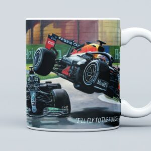 Lewis Hamilton & Max Verstappen Crash Mug Painting - f1 gifts Formula 1 Memorabilia by Mizuna Art