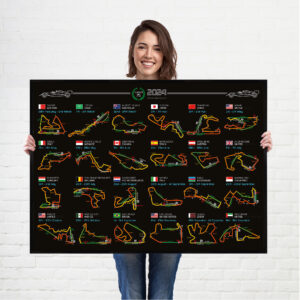 Formula 1 2024 Season Info Calendar Poster on Black Landscape from the Sports Car Racing Gifts store collection.