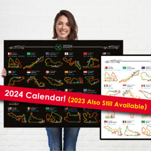 Formula 1 2024 Season Info Calendar Poster on Black Landscape from the Race Track Wall Art store collection.