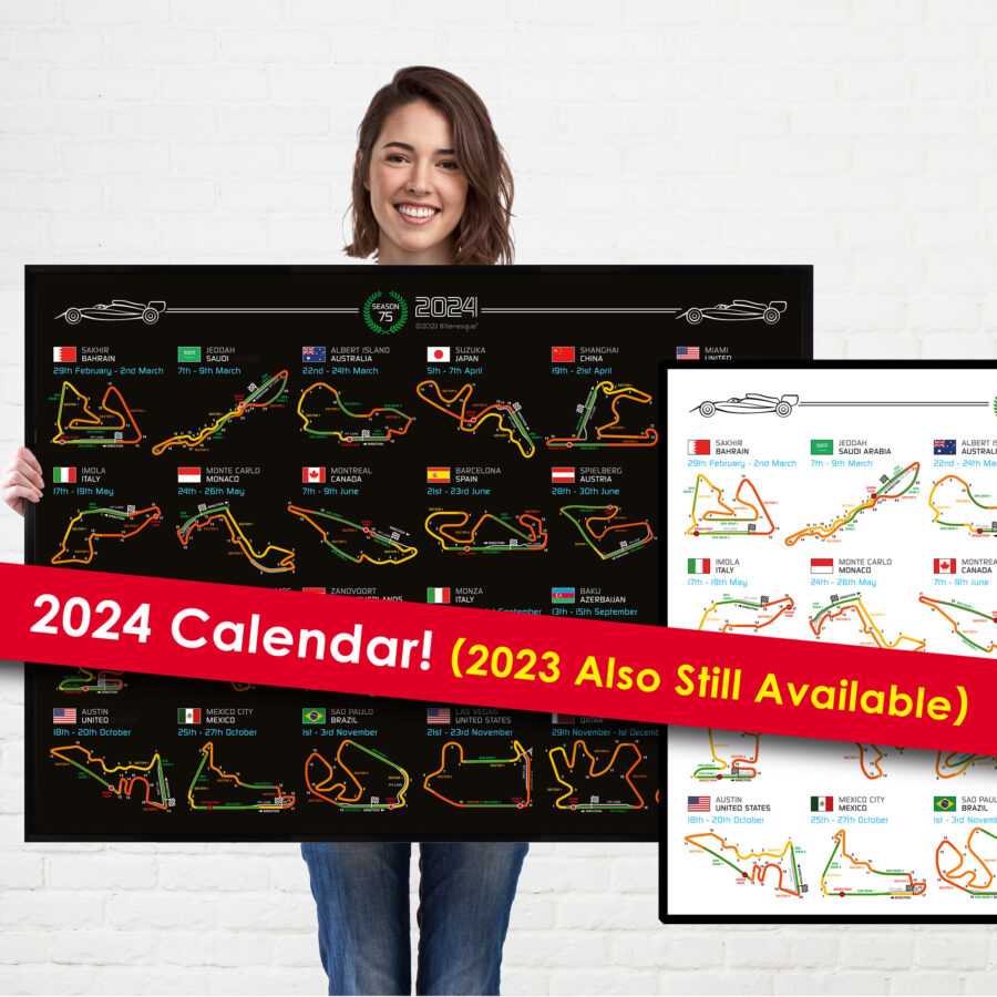 Formula 1 2024 Season Info Calendar Poster on Black Landscape from the Lewis Hamilton store collection.