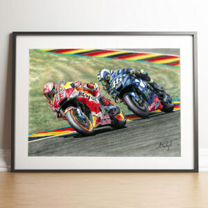 Valentino Rossi and Marc Marquez ORIGINAL DRAWING from the MotoGP Memorabilia store collection.