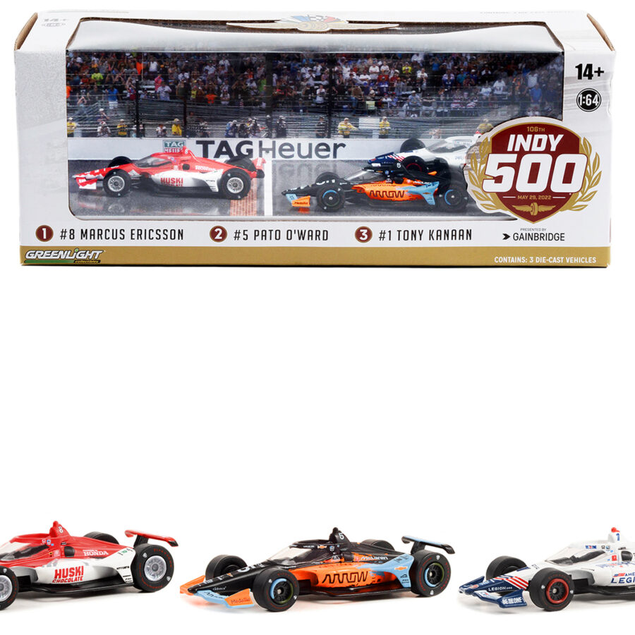 "106th Indianapolis 500" (2022) Podium Set of 3 IndyCars 1/64 Diecast Model Cars by Greenlight from the Sports Car Racing Model Cars store collection.