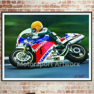 Joey Dunlop Limited edition art print By Jeff Rush Motorcycle racing poster Road racing poster TT poster gifts for bikers from the Sports Car Racing Fine Art Originals store collection.