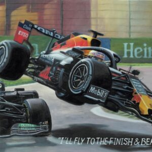 Hamilton & Verstappen F1 Crash - Limited Edition Framed Giclee Print 100cmx70cm COA Sports Car Racing Signed by Mizuna Art