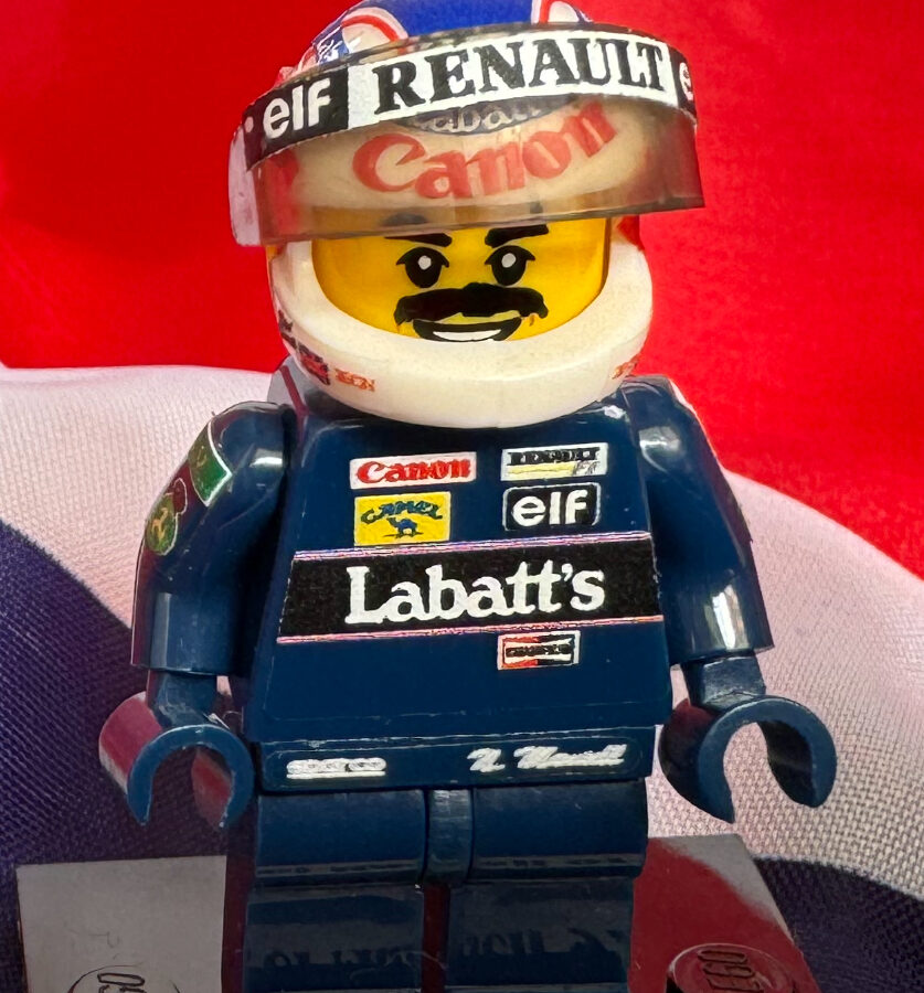 Nigel Mansell Williams F1 formula 1 F1 grand prix pilota figura driver Super suit and super helmet in minifigure from the Sports Car Racing Race Suits store collection.