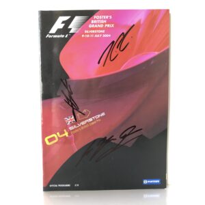 2004 British Grand Prix Race Programme Hand Signed By Michael Schumacher, Kimi Raikonnen and Jarno Trulli from the Sports Car Racing Flags store collection.