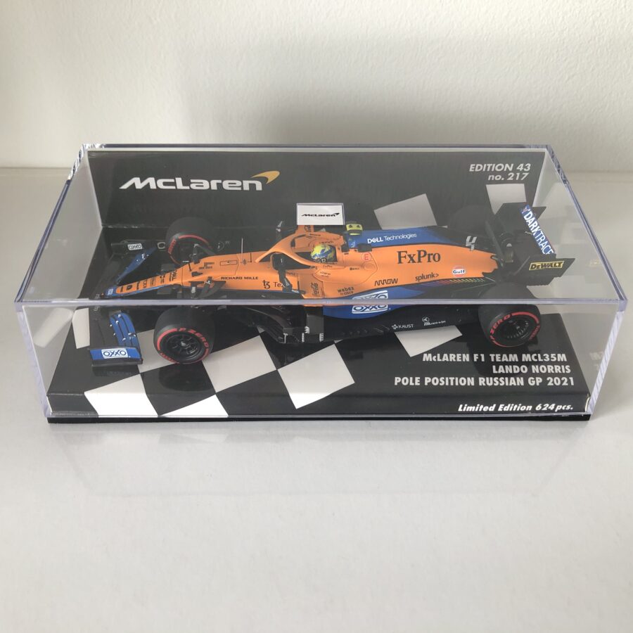 2021 Lando Norris | McLaren F1 Team MCL35M | Minichamps Resin 1:43 | Russian GP (Pole Position) from the Sports Car Racing Flags store collection.