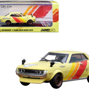 Toyota Celica 1600GT (TA22) Yellow with Stripes (Weathered) "Edelbrock" SEMA Auto Salon (2019) 1/64 Diecast Model Car by Inno Models from the Sports Car Racing Model Cars store collection.