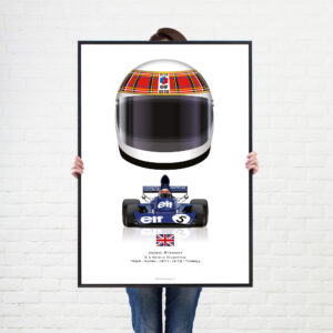 Jackie Stewart 1973 Formula 1 Helmet and Tyrrell wall art poster print from the F1 Helmets store collection.