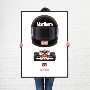 James Hunt 1976 Formula 1 Helmet and McLaren wall art poster print from the F1 Helmets store collection.