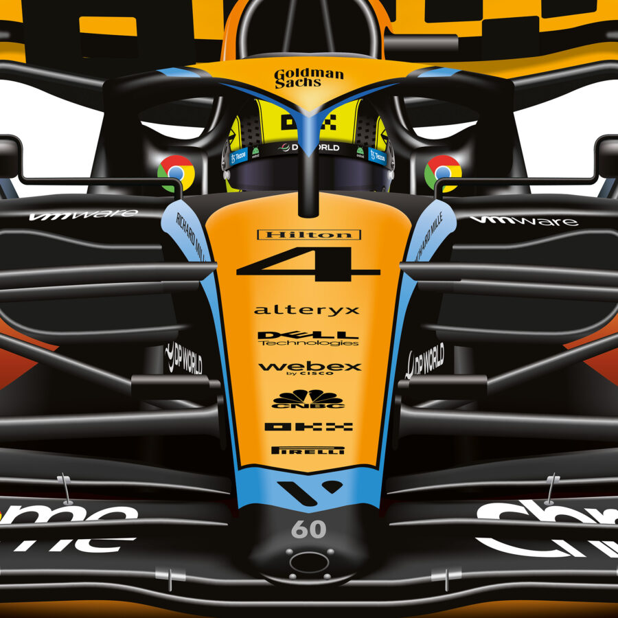 Lando Norris 2023 McLaren F1 car wall art poster print from the Automotive store collection.