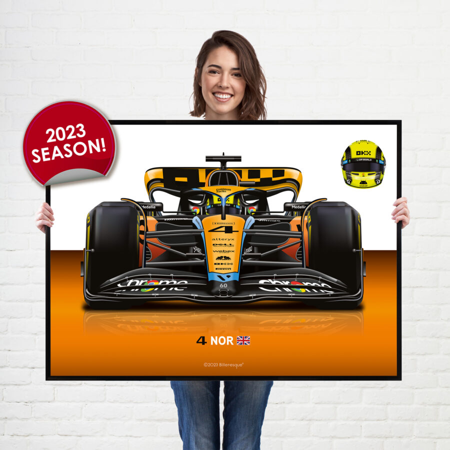 Lando Norris 2023 McLaren F1 car wall art poster print from the Automotive store collection.