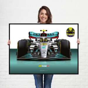 Lewis Hamilton 2022 Mercedes F1 car Poster Print from the Race Car Wall Art store collection.