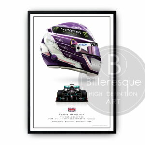 Lewis Hamilton 7th World Championship Season in 2020 racing helmet profile and his Mercedes F1 car from the Race Car Wall Art store collection.