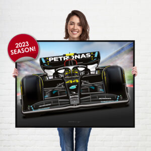 Lewis Hamilton 2023 Mercedes F1 car wall art impact poster print from the Lewis Hamilton store collection.