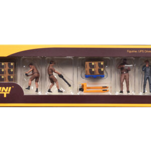 "UPS Driver and Workers" 7 Piece Figure Set for 1/64 Scale Models by Mini GT from the Sports Car Racing Collectibles store collection.