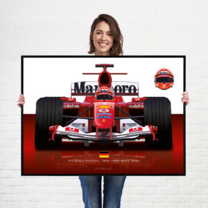 Formula 1 Supremo Michael Schumacher driving his Ferrari in 2004 wall art poster print from the GPBox store.