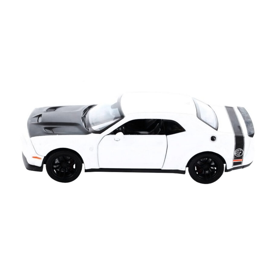 2018 Dodge Challenger SRT Hellcat Widebody White with Black Hood 1/24 Diecast Model Car by Motormax from the Sports Car Racing Model Cars store collection.