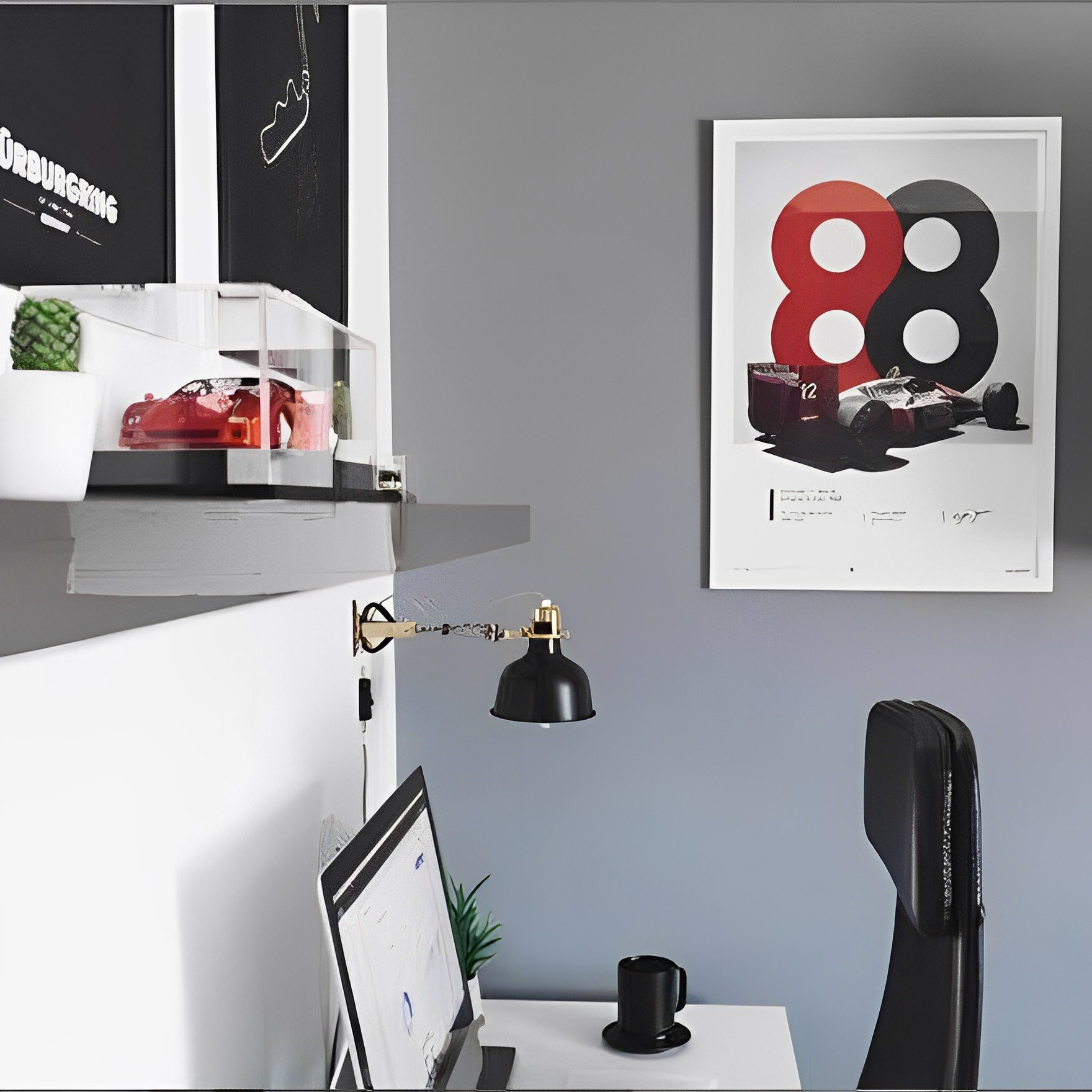 A modern and minimalist office setup with an Ayrton Senna Formula 1 poster from Automobilist and a vintage Ferrari F40 miniature and diecast car on the shelve alongside.