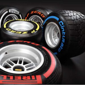 NOW SOLD-Very rare Pirelli tyres in different colours with Seb Vettel World Championship winning REAR wheel from the F1 Car Parts store collection.