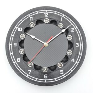 F28: Large 11" statement wall clock Honda F1 car part carbon fiber fibre brake disc Formula 1 man cave guys motorsport racing gift from the Sports Car Racing Art store collection.