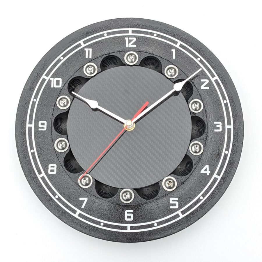 F28: Large 11" statement wall clock Honda F1 car part carbon fiber fibre brake disc Formula 1 man cave guys motorsport racing gift from the F1 Car Parts store collection.