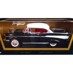 1957 Chevrolet Bel Air Hardtop Black with White Top and Red Interior 1/18 Diecast Model Car by Road Signature from the Sports Car Racing Model Cars store collection.