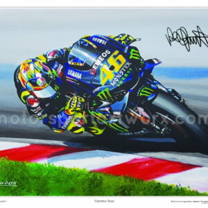 Valentino Rossi Limited edition art print by Jeff Rush Motorcycle racing poster Road racing poster TT poster Moto GP poster gifts for bikers from the Sports Car Racing Fine Art Originals store collection.