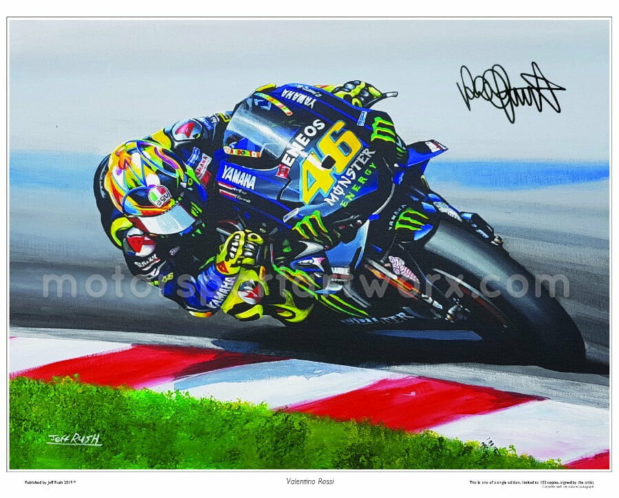 Valentino Rossi Limited edition art print by Jeff Rush Motorcycle racing poster Road racing poster TT poster Moto GP poster gifts for bikers from the Sports Car Racing Fine Art Originals store collection.