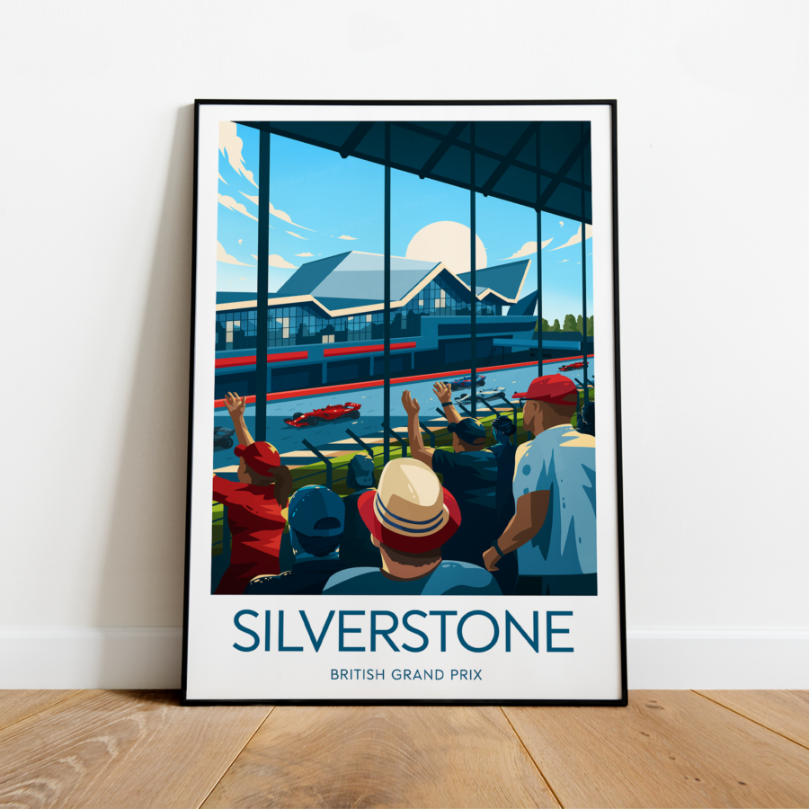 Silverstone poster, F1 Silverstone artwork, F1 Silverstone circuit, British Grand Prix, British Grand Prix print, Black frame from the Sports Car Racing Posters & Prints store collection.