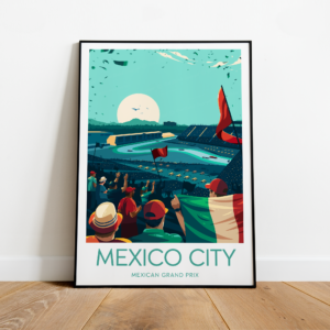 Mexico City poster, F1 Grand Prix artwork, Autodromo Hermanos Rodriguez, Mexico Grand Prix, Fan art, Black frame from the Race Car Wall Art store collection.