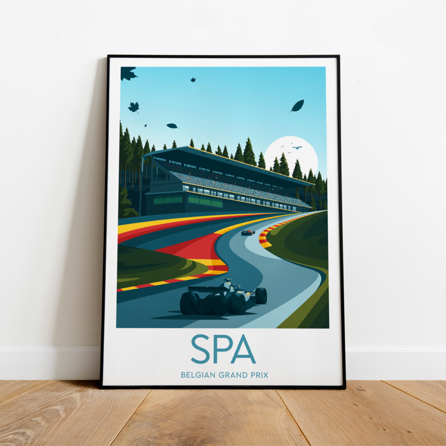 Spa poster, F1 Belgian Grand Prix, Belgian Grand Prix artwork, Spa print , Fan art, Black frame from the Sports Car Racing Art store collection.