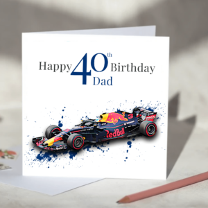 Red Bull Formula One F1 Birthday Card Personalise with Age and Name from the Sports Car Racing Birthday Cards store collection.